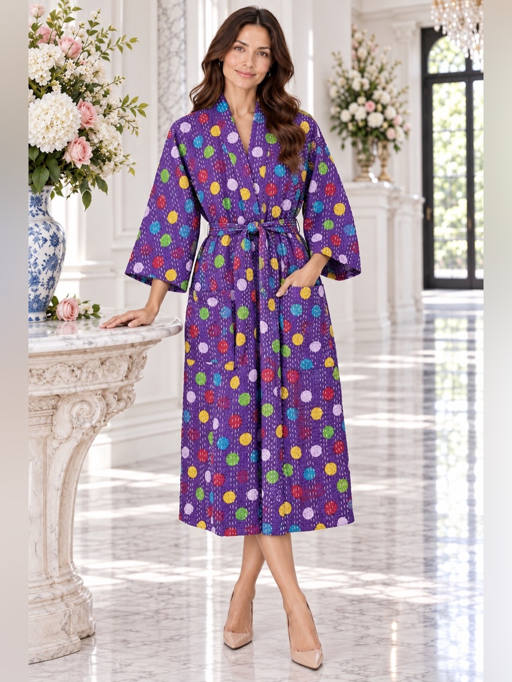 Purple multicolor dot Multicolor Kantha Robe Cotton Kimono Boho One Size
